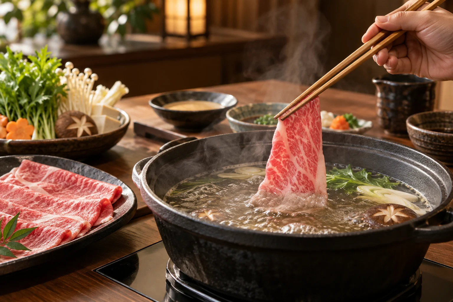 筷子將薄切牛肉輕涮入熱湯