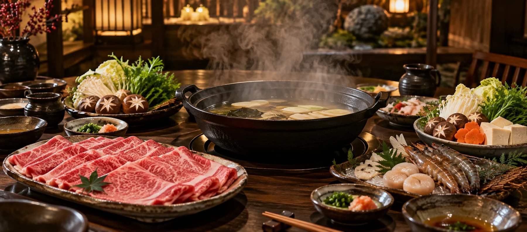 黑鐵鍋中升起熱氣，鮮切肉品與蔬菜圍繞餐桌