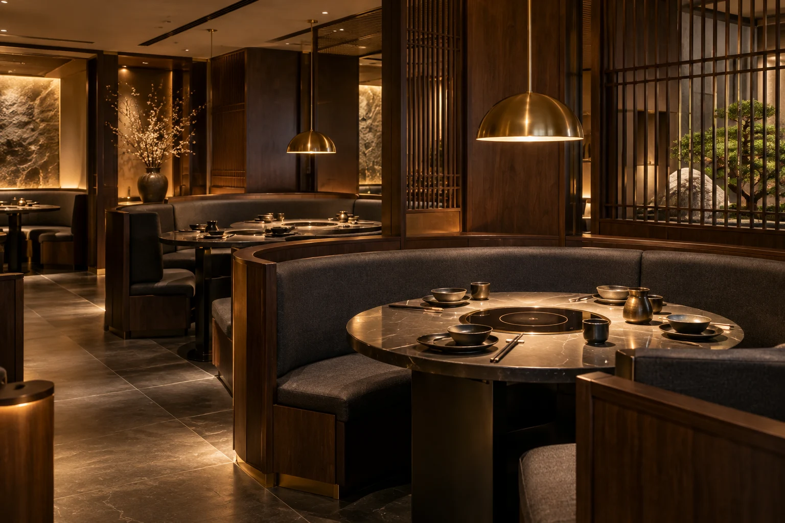 深木色座席與暖金吊燈的鍋里用餐空間