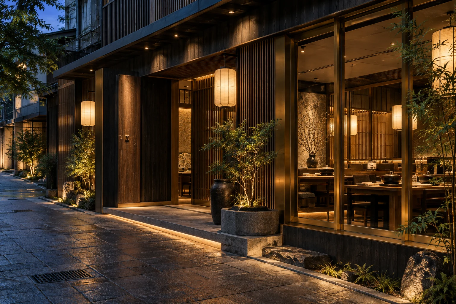 黃昏時亮起暖色燈光的鍋里餐廳門面