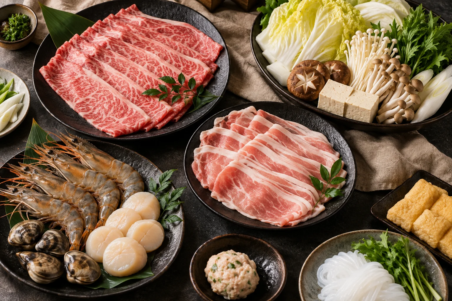 牛肉、豬肉、海鮮與蔬菜組成的鍋物食材盛宴