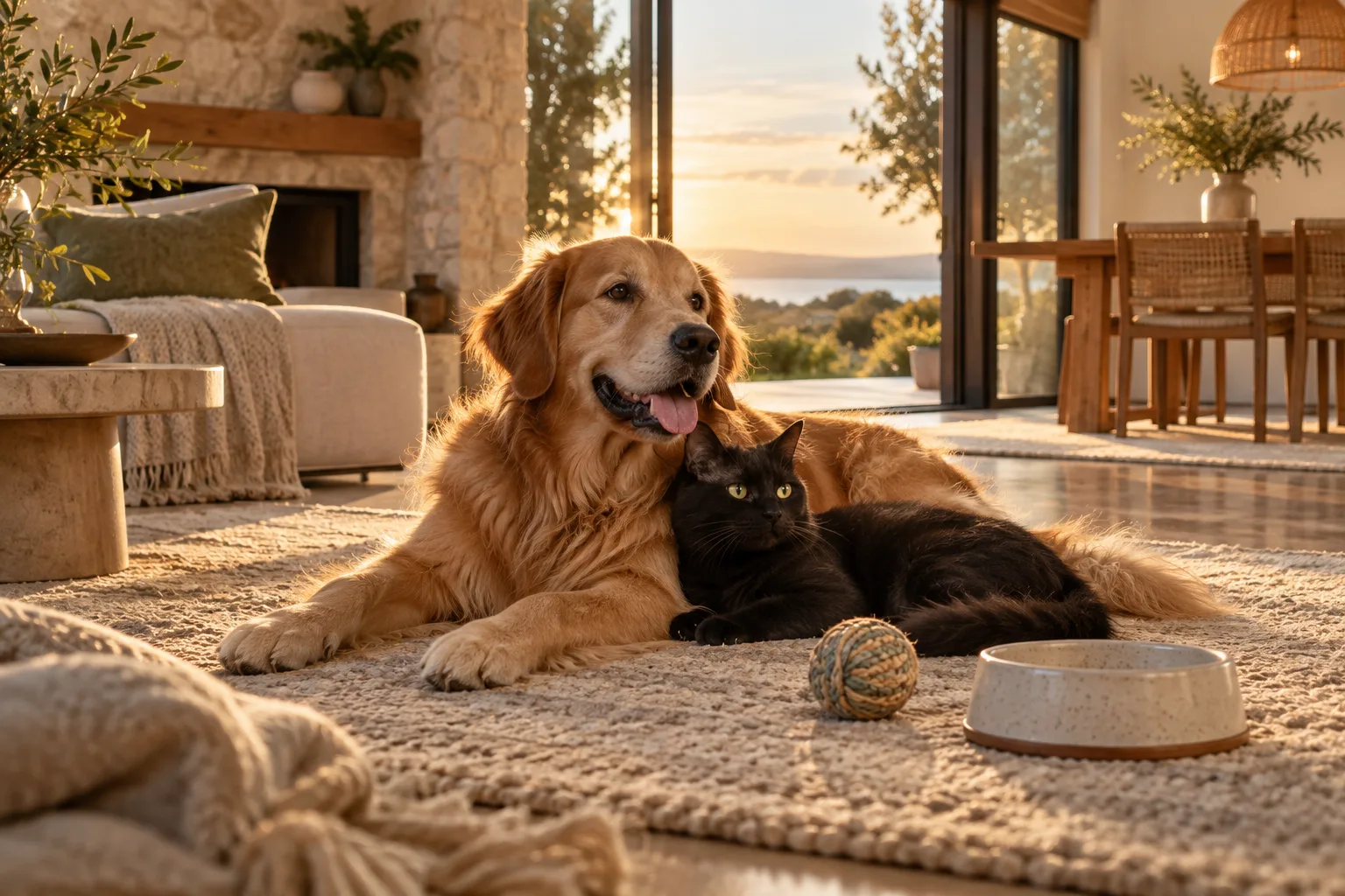 A dog and cat resting together at home