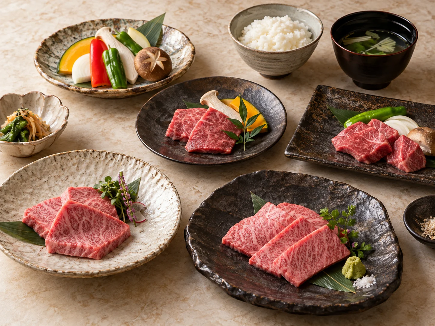 陶器盛裝的燒肉套餐與前菜