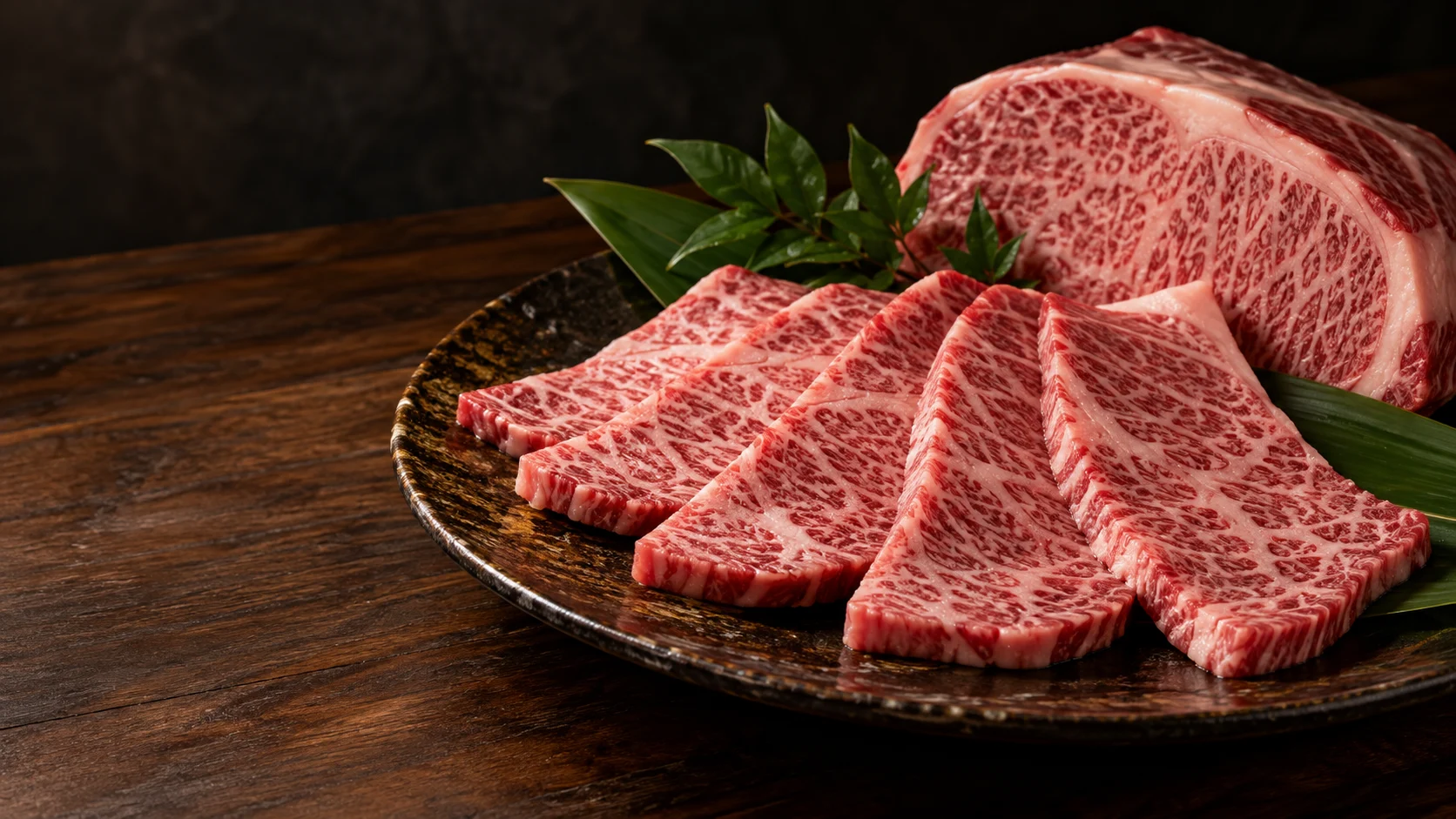 深色陶盤上細緻油花的燒肉拼盤