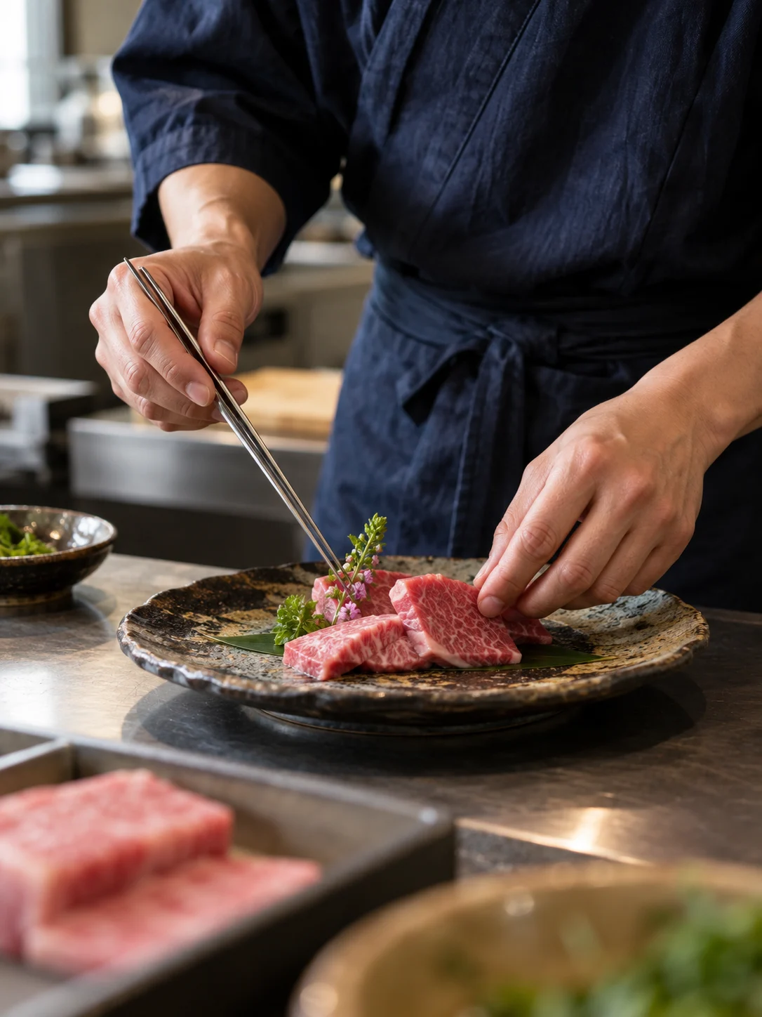 料理人細心擺放陶盤中的牛肉